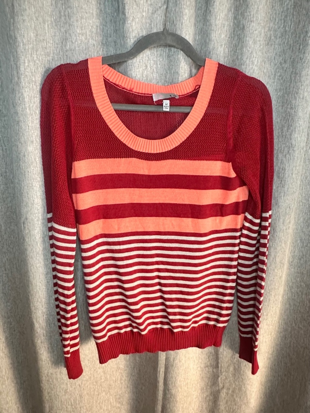 T.O. Red & Coral Striped Mesh Knit Scoop Neck Sweater M